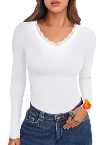 Crewhpo Womens Thermal Tops Long Sleeve Lace V Neck Base Layer Slim Fit