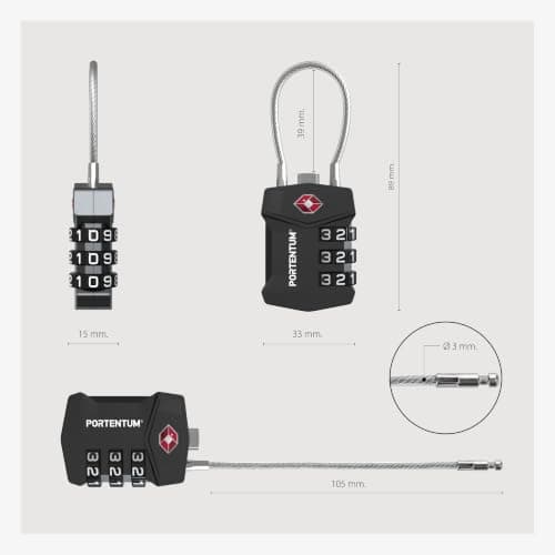 PORTENTUM TSA Approved Luggage Locks with 3 Digit resettable Combination – Suitcase Locks with Flexible Steel Cable and ID tag – Padlock for Suitcase for zips Backpacks Bags and lockers — view 6