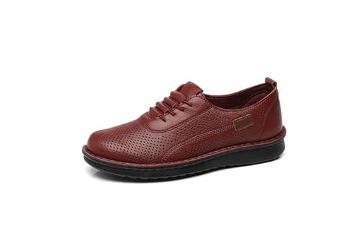 IVACHY Women's Comfort Walking Trainers, Breathable Perforated, Flat Platform Casual Work Shoes Wine Red