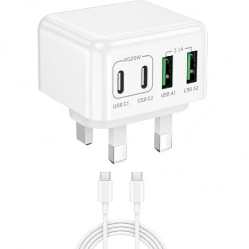USB C Plug 40W Multi Port USB C Charger with 2×USB-C & 2×USB-A | UK Portable Phone Charger For iPhone 17/16/15/14/13/12/X/XS Pro Max, iPad, AirPods, Samsung Galaxy, Google Pixel