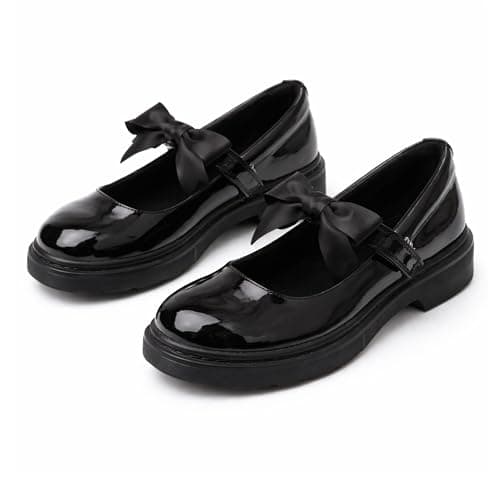 Girls Black Mary Jane School Shoes with Bow On Strap - Comfortable Anti-Slip Back to School Uniform Shoes, 6 UK