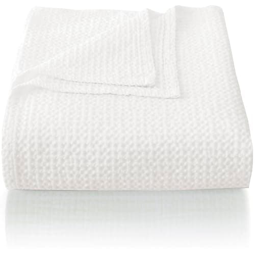 CHUFFED 100% Cotton Waffle Blanket Bed Throw Single Size-Throw Blanket for Bed Sofa Travel-Soft Lightweight Breathable Blankets and Throws for All Season Bleached White Throw 130x150cm