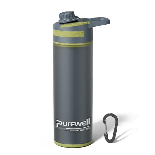 Purewell Press Filter Water Bottle – 0.01μm Ultrafiltration + Carbon Fiber + PP Cotton, 10000L Capacity, 500ml Per Press, Portable Water Purifier Bottle for Camping, Hiking, Travel & Emergency