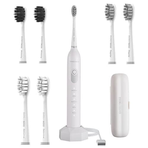 BarberBoss Smart Electric Toothbrush for Adults, 6 Replacement Heads, 5 Cleaning Modes, Pressure Sensor, Quad Interval Timer & USB Charging, Sonic Toothbrush