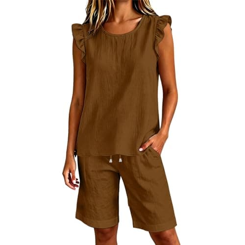 Festival Co Ord Linen Shorts Co Ord Sets for Women Summer 2 Piece Airport Travel Outfits Sleeveless Ruffle Vest Tops Bermuda Shorts Plus Size Loungewear Tracksuit Full Set Leisure Suits Streetwear — view 2