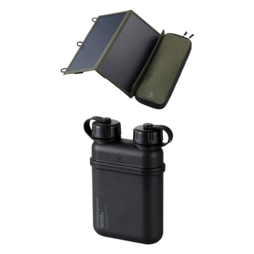 ELECOM NESTOUT 2-Panel Solar Charger 14W (Olive) & 15000mAh Outdoor Power Bank (Black) – Bundle