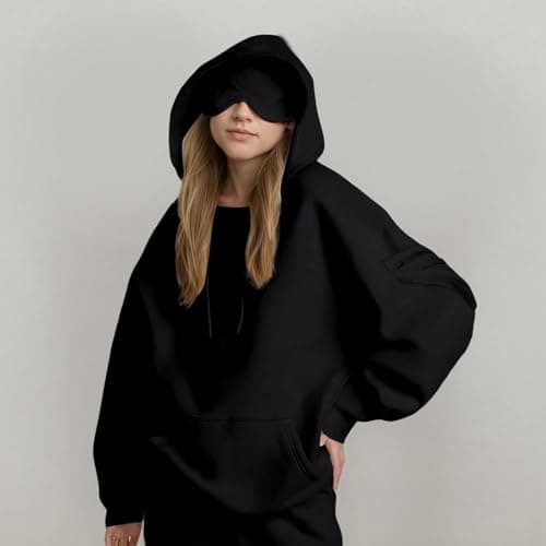Ewleguzka Travel Hoodie with Eye Mask Built In,Comfrt Airplane Wearable Blanket Hoodie for Adults Men Women 4 Pockets Black — view 3