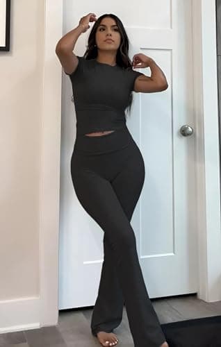 YETOWA Women's Yoga 2 Piece Outfits: Slim Short Sleeve Tops & Low Rise Flare Leggings Sets Versatile Fitness Sweatsuit, Black Short-sleeved Set, S — view 6