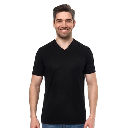 100% Merino Short Sleeve Shirts Men, Henley T-Shirt Mens, Shirt with Pocket (Large, Black V)