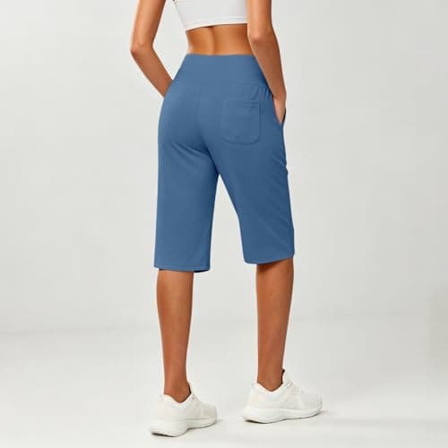 Women's Long Shorts 14" Knee Length Capris with Pockets High Waisted Athletic Casual Shorts Polyester Shorts Casual Shorts for Beach Trips City Breaks and Everyday Outfits Light Blue — view 2