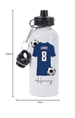 Pickhut Personalised Football 600ml White Aluminium Sports Water Bottle Back to School Gift for Kids, Customised with Name/Number/Text with Football Shirt Jersey Blue Kit (D8) — view 2