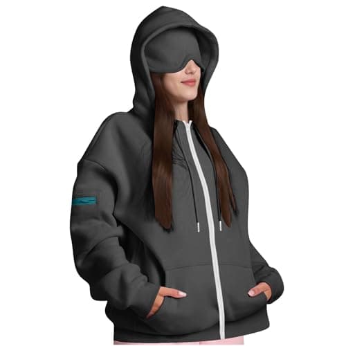 Womens Travel Hoodie with Eye Mask,Hoodies for Women Oversized Hoodie Zip Up Sweatshirts Plain Sweatshirt Jacket Casual Long Sleeve Coat with Pockets Autumn Thermal Fleece OuterwearLadies Outfit — view 2
