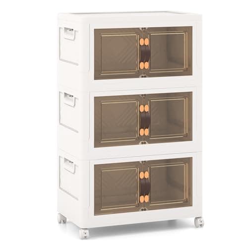 Multigot Folding Shoe Storage Box, 3/4/5 Tier Stackable Shoe Organizer Containers with Lid & Doors and Lockable Wheels, Collapsible Plastic Storage Bins Cabinet (44 x 31 x 77cm, 3-Tier)