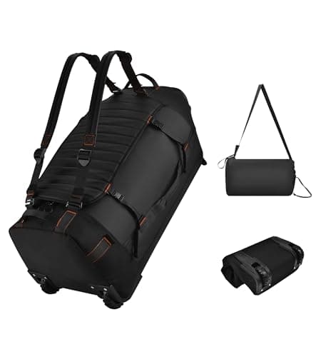 Foldable Rolling Duffle Bag with Wheels - 30" Extra Large Waterproof Travel Backpack with Shoe Compartment, Heavy Duty TSA-Approved Luggage for Men’s Camping, Sports, and Airplane Trips, Black, Extra