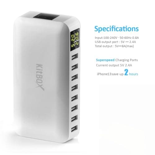 Kitbox Phone Charger Hub 40W 8-port USB Charging Station Multi USB Plug Charger Tower 5V Power Adapter for iPhone 16 m15 14 13 12 11 Samsung and Multiple Devices — view 2