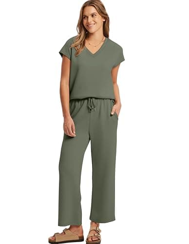 Saloogoe Co ord Lounge Wear Sets for women uk Summer Tracksuits Full Sets V Neck 2 Piece Outfits Casual Travel Vacation Green Size 14-16 — view 3