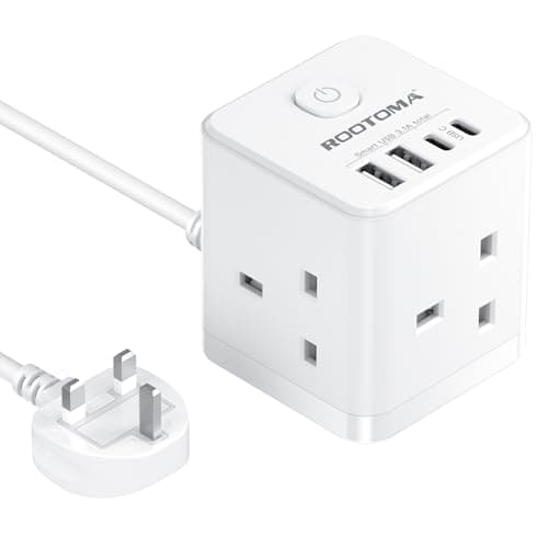 Cube Extension Lead with USB C Slots, 3 Way Power Extension