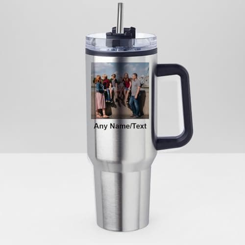 Getagift Personalised 40oz Travel Tumbler with Handle & Straw | Custom Name/Text with Your Own Photo | Stainless Steel Large Cup | Travel Water Bottle | Car Coffee Mug. (Silver) — view 5