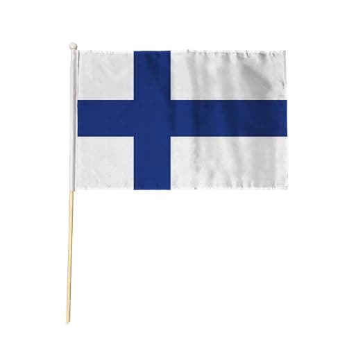 Flagtex Finland Hand Waving Flag (18x12 Inch Large) - Premium Wooden Stick Hand Flag Big Size Natural Wood Pole European White Blue Nordic Cross Flag Events Parades
