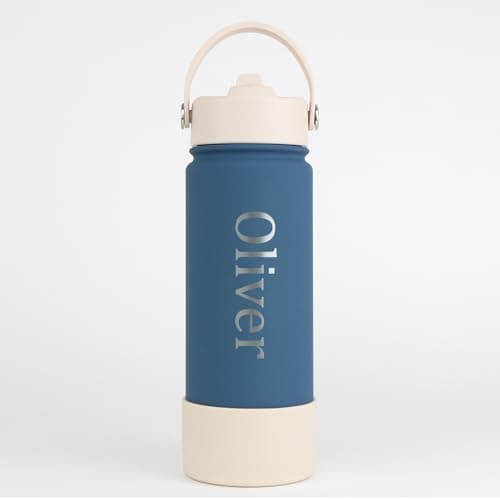 cribstar Personalised Water Bottle, Insulated Stainless Steel, Straw Lid, Laser Engraved Name, BPA Free, Leakproof (Oxford Blue [Vertical Engraving], 18oz/500ml)