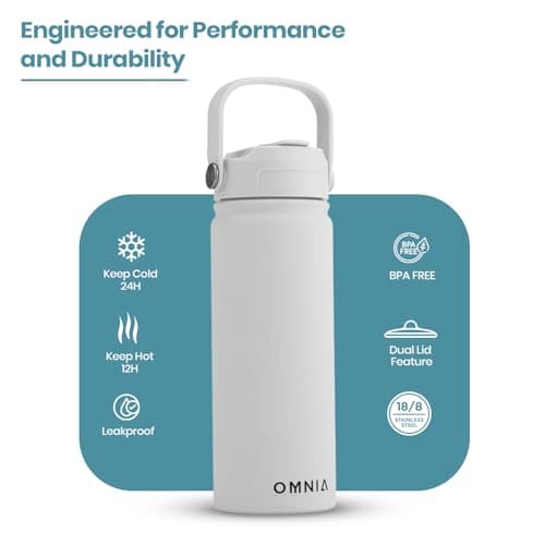 OMNIA NUTRIENTS Vacuum Insulated Stainless Steel Water Bottle, 2 Lids (Straw & Spout) Leakproof, BPA-Free, Reusable Flask Ideal for Travel and Outdoors (White - 540 ml) — view 2