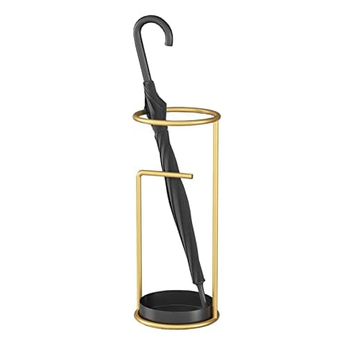 Gold Minimalist Umbrella Stand with Drip Tray & Hook Nordic Round Entry Hallway Organizer Rack for Canes Ski Poles and Golf Clubs