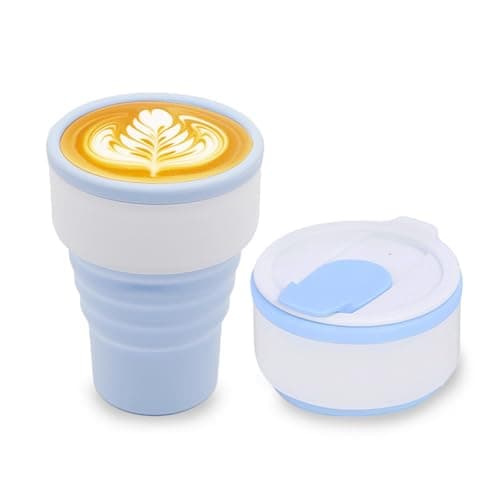 EYQ Collapsible Coffee Cup 375 ml, 12oz Silicone Foldable Coffee Mug, Lightweight Reusable for Hot and Cold Drinks for Office Fitness Gym Outdoor Sports Travel Camping Yoga, Pocket Size (WhiteBlue)