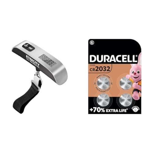 Etekcity EL11 Luggage Scale, Digital Portable Handheld Suitcase Weight for Travel with Rubber Paint & DURACELL 2032 Lithium Coin Batteries 3V (4 Pack) - Up to 70% Extra Life - Baby Secure Technology