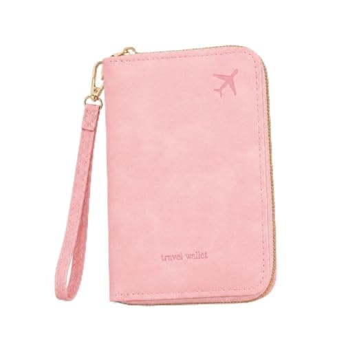 ILIYAH RFID Passport Wallet Holder - PU Leather Travel Document Organiser with Zipper Wrist Strap Card Coin SIM Slots for Men Women Family Trips (Deep Pink)