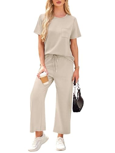 WIHOLL 2 Piece outfits Women fashion lounge wear sets for women uk Casual Summer Travel Vacation Outfits Short Sleeve Wide Pants Beige L — view 4
