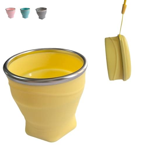 EASYXQ Collapsible Cup, 8.8oz 260ml Foldable Travel Mini Coffee Mug, BPA Free Silicone Water Cup and Lid with Stainless Steel Rim, Portable Pocket Cup for Outdoor, Hiking, Camping & Kids （Yellow）