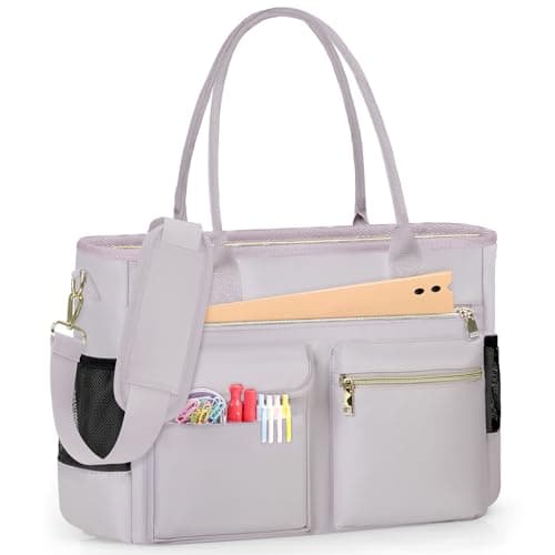 RAINSMORE Laptop Tote Bags for Women 15.6 inch Teacher Bag Large Nurse Utility Bag Computer Messenger Briefcase with Insulated Pocket for Work School Office Business University Grey Pink