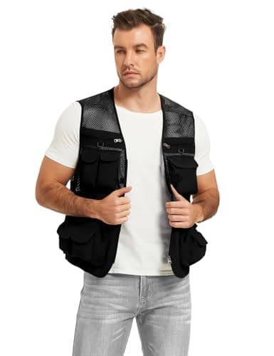 Flygo Men's Fishing Vest Utility Lightweight Outdoor Travel Safari Photo Cargo Vest with 16 Pockets, Black-mesh, XS — view 4