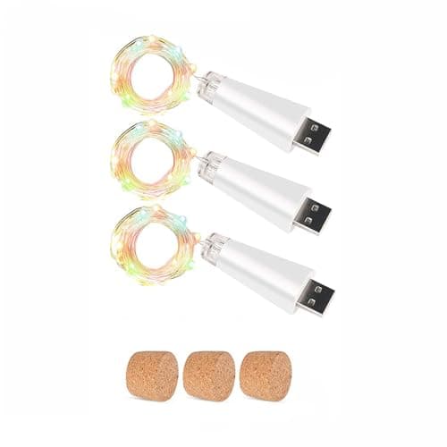 KOBWA Wine Bottle Cork Lights,USB Rechargeable 15 LED Copper String Lights, 59 Inch for DIY Bottle Decoration, Wedding, Party, Home, Outdoor, Garden, and Christmas Decor(Multi-Colour, 3 Pack)