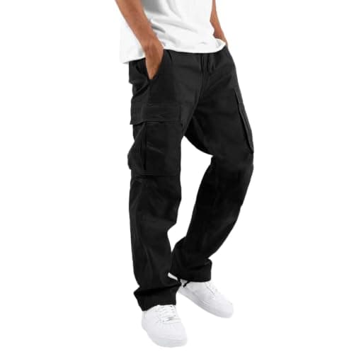 Fjquamitix Mens Cargo Trousers, Cargo Trousers for Men with Drawstring Waistband, Multi-Pocket Design, Outdoor Work Pants for Men Black