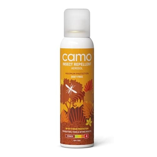 CAMO Maximum Repellent Aerosol 125ml - Fabric Spray, Against Mosquitoes, Biting Insects and Ticks - Up to 11 hrs Protection for Any Destination incl. Tropics- Deet Free & Family Friendly.
