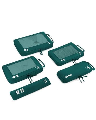 ECOHUB 5 Set Compression Packing Cubes for Suitcases Organiser Bags Travel Accessories with Shoes Bag Tear-resistant Travel Cubes with ID Tag Expandable Packing Bags (Dark Green)