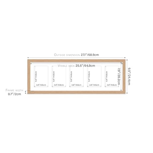 Oak Multi Photo Frame - Holds 5 x 6x4 Pictures, Family Collage Picture Frame for Wall Display, 8x26 Panoramic Frame Size, Pack of 1 — view 2