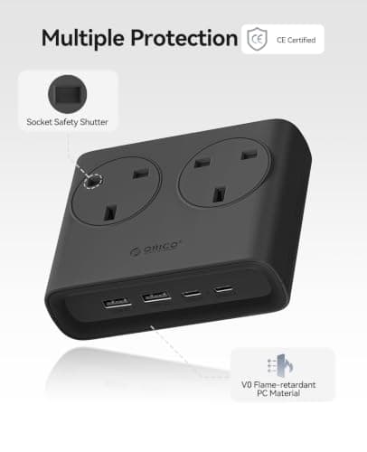 ORICO Flat Extension Lead with USB Slots, 2 Way Socket Outlets with 4 USB Ports(2 USB C & 2 USB A), 1.6m Extension Cord, Desk Power Strip for Travel, Office, Home (Black) — view 4