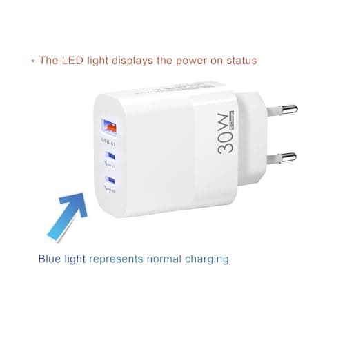 EU plug travel adapter charger, European wall adapter with 2 USB-C fast charging ports and 1 USB-A port, European universal fast charger compatible with iPhone and Samsung — view 5