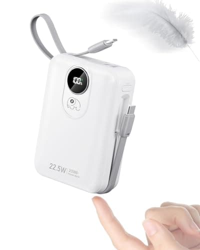 Built-in Cable 20000mAh Power Bank: 22.5W Fast Charging External Battery for Mobile Phone, USB C (Input & Output) Battery Pack, Portable Charger with 4 Outputs & 2 Inputs-White