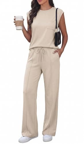 PQCHAOQ Tracksuit Womens Full Set Summer Airport Two Piece Travel Outfits Lounge Wear Casual Cap Sleeve Top & Wide Leg Trousers with Pockets (S,Beige)