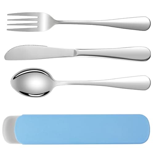 HOTUT Travel Cutlery Set, 3 PCS Cutlery Set with Portable Pouch Case, Reusable, Stainless Steel Flatware, Portable Utensils for Outdoor Travel Picnic Office School Lunch Box - Blue