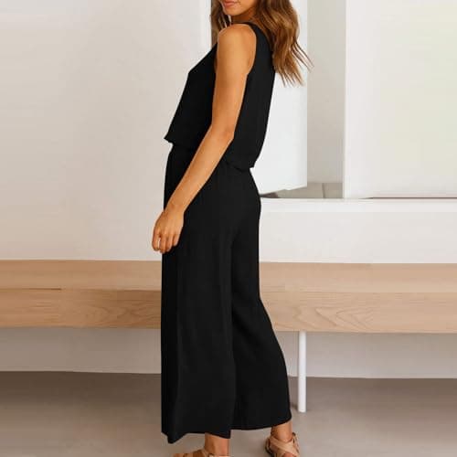 NSICBMNO Black Co Ord Sets For Women 2 Piece Linen Travel Outfit Cropped Tank Tops Y2K Wide Leg Trousers Summer Outfits Lounge Sets Sleeveless Crop Tops Palazzo Pants Casual Tracksuits With Pockets — view 3