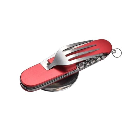 FUZVOL Folding Camping Cutlery Set Stainless Steel Portable Utensil 6 in 1 Multitool Outdoor Tableware for Travel, Hiking, Picnic,Red