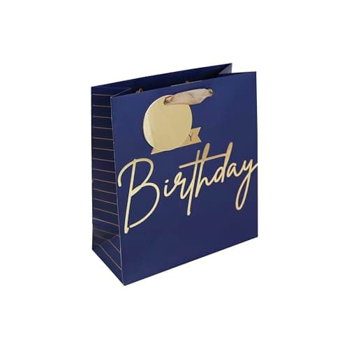 Eurowrap Blue and Gold Happy Birthday Gift Bag With Gift Tag - Gift Bag for Him, Birthdays, Kids, Boys - Stylish Bright Mens Happy Birthday Gift Wrap Occasion Present - Medium Size