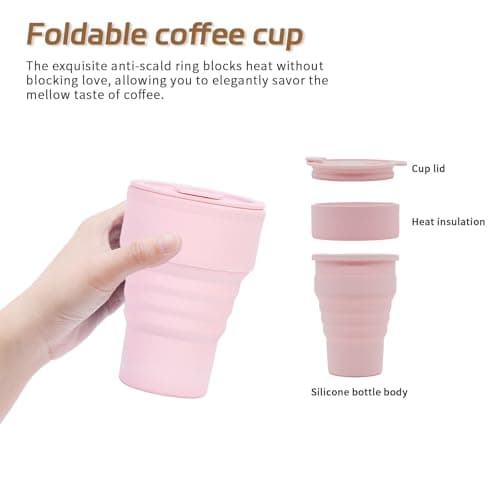 EYQ Collapsible Coffee Cup 375 ml, 12oz Silicone Foldable Coffee Mug, Lightweight Reusable Tea Cup for Hot and Cold Drinks for Office Fitness Gym Outdoor Sports Travel Camping Yoga, Pocket Size (Pink) — view 4