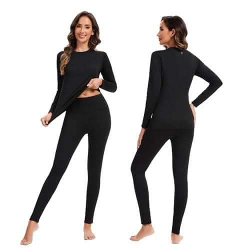 AMZSPORT Women's Thermal Underwear Set, Long Johns Fleece Base Layer, Winter Warm Long Sleeve Top & Soft Leggings for Ladies Black XL