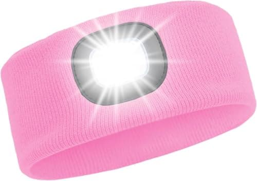 LED Lighted Headband, USB Rechargeable Night Running Headlamp Running Lights for Runners with 4 LED, Head Torch Stretchy and Waterproof, Hands Free Flashlight for Runners Dog Walking Hiking (Pink)