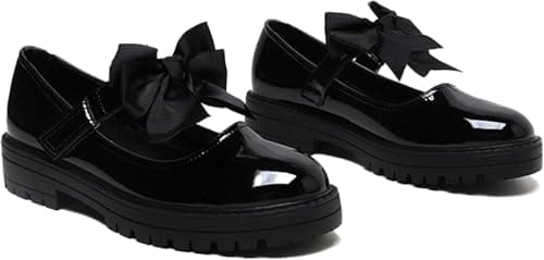 BloomFashion® Girls Mary Jane Back to School Patent Black Shoes Toddler Kids Comfortable Anti-Slip Uniform Flat Shoes with Detachable Bow On Strap 8uk
